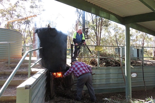 Cooking eucalyptus oil in the old eucy stew pot at Hard Hill